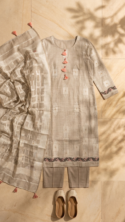 Beige Geometric Kurta Set