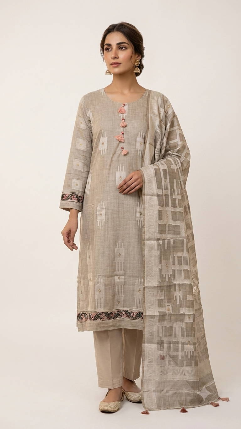 Beige Geometric Kurta Set