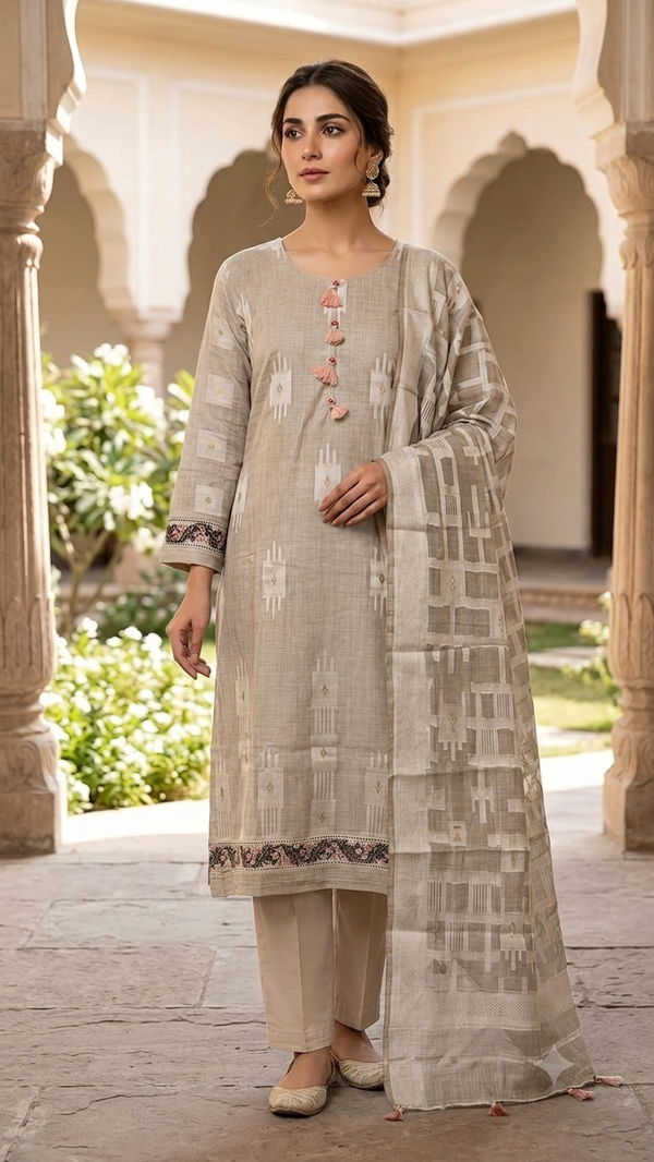 Beige Geometric Kurta Set