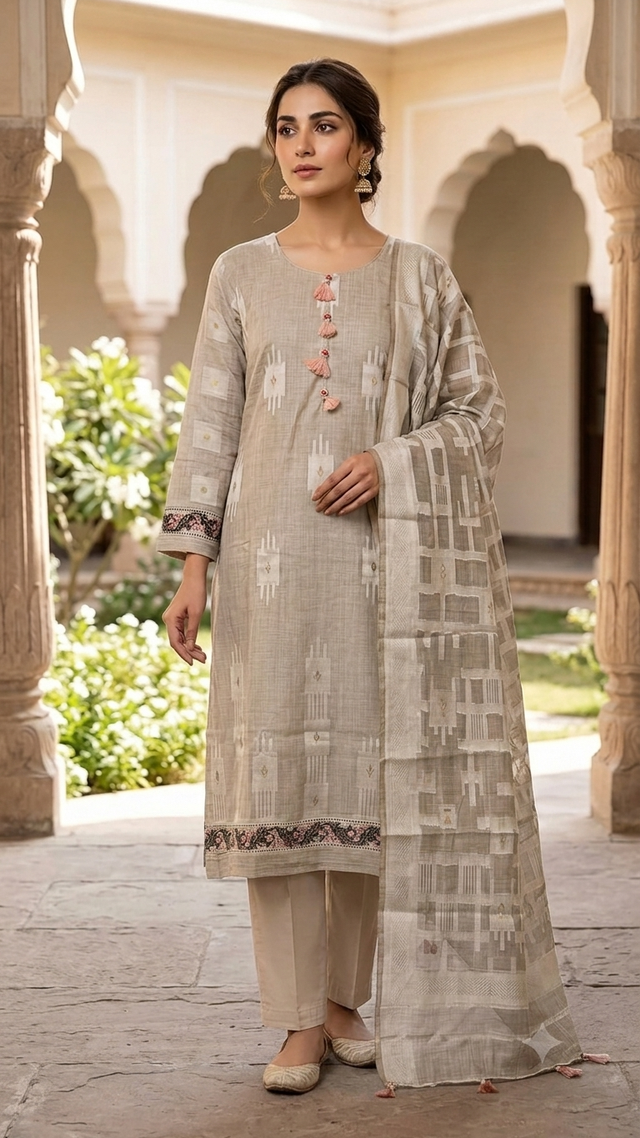 Beige Geometric Kurta Set