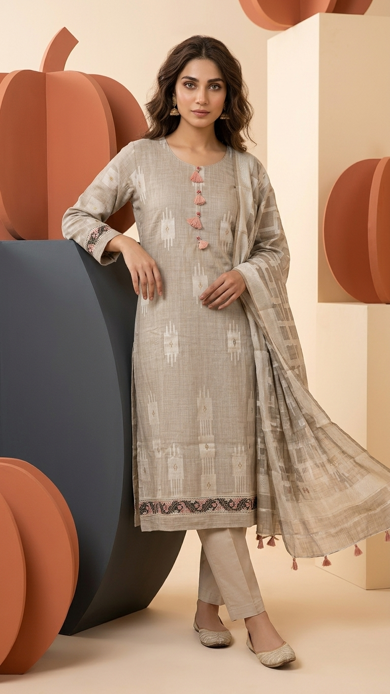 Beige Geometric Kurta Set