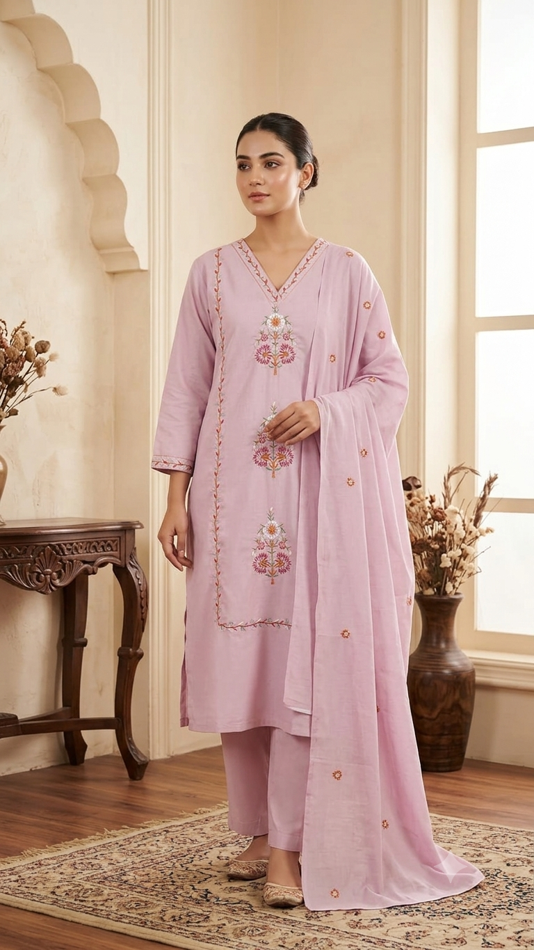 Blush Pink Floral Embroidered Kurta Set