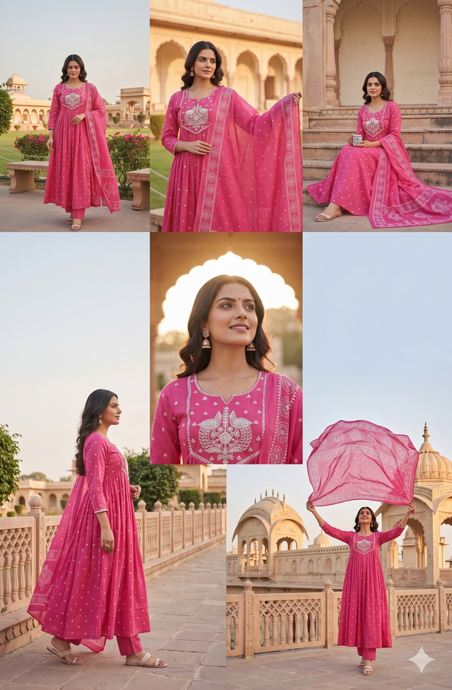 Bright Pink Anarkali embroidery set with dupatta