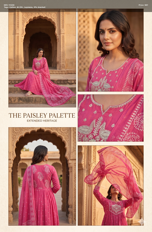 Bright Pink Anarkali embroidery set with dupatta