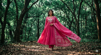 Bright Pink Anarkali embroidery set with dupatta