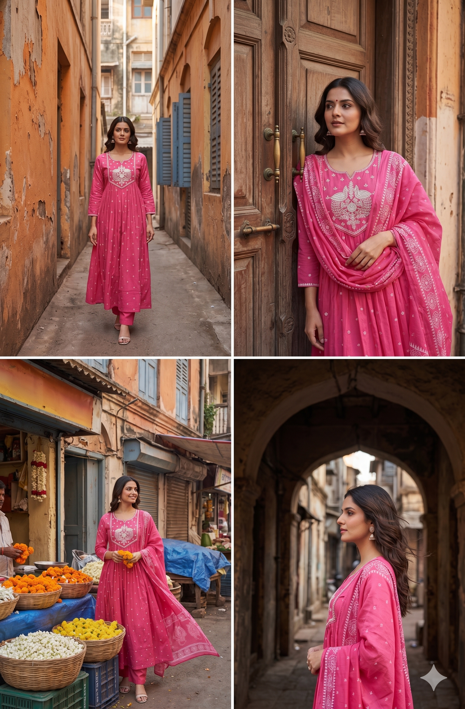Bright Pink Anarkali embroidery set with dupatta