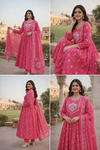 Bright Pink Anarkali embroidery set with dupatta