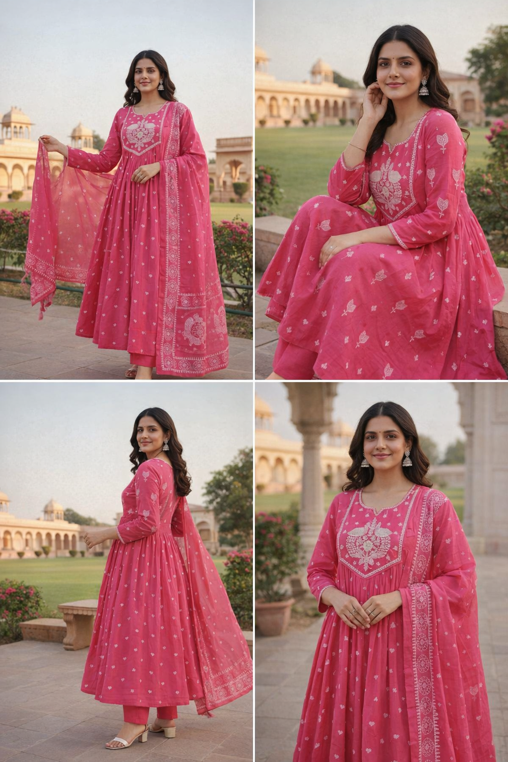 Bright Pink Anarkali embroidery set with dupatta