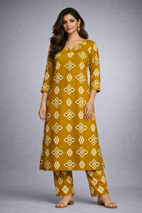 Mustard Printed Long Kurti Set
