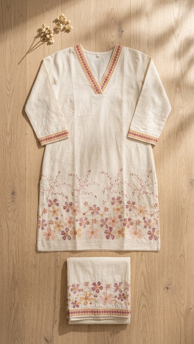 Cream Floral Embroidered Kurta Set