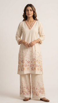 Cream Floral Embroidered Kurta Set