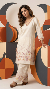 Cream Floral Embroidered Kurta Set