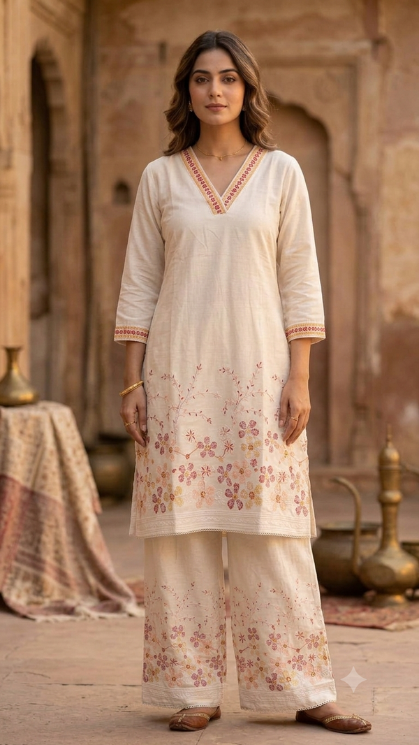 Cream Floral Embroidered Kurta Set