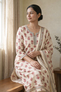 Cream & Red Floral Elegance Kurta Set