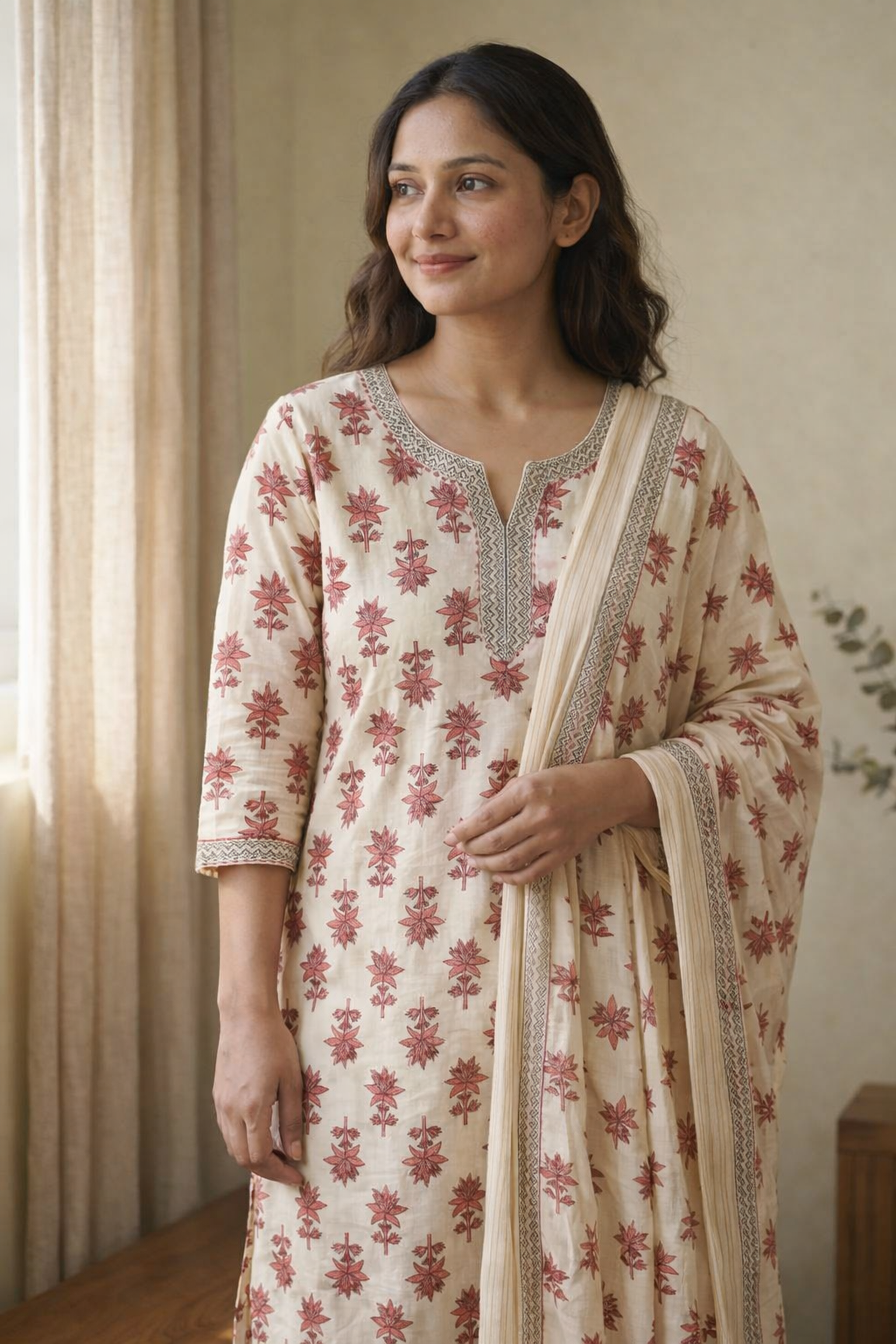 Cream & Red Floral Elegance Kurta Set