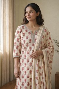 Cream & Red Floral Elegance Kurta Set