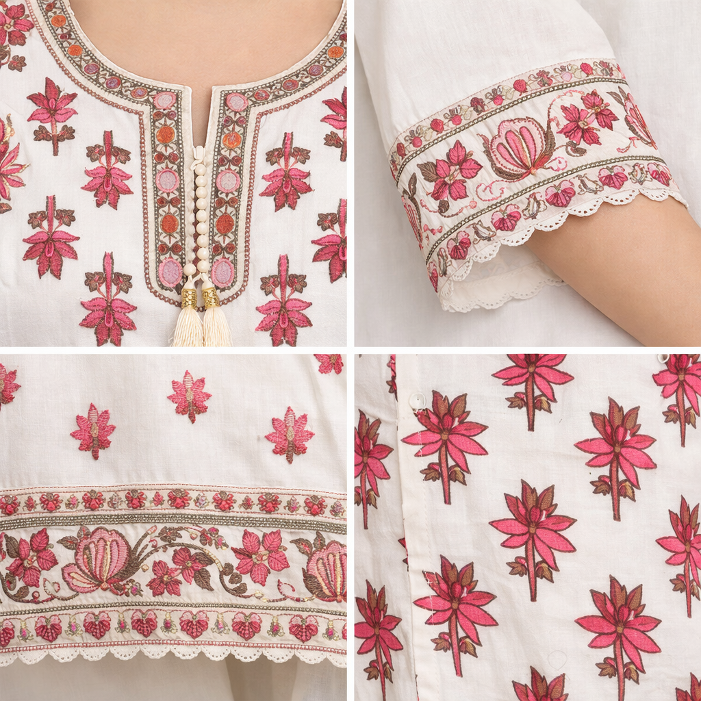Cream & Red Floral Elegance Kurta Set