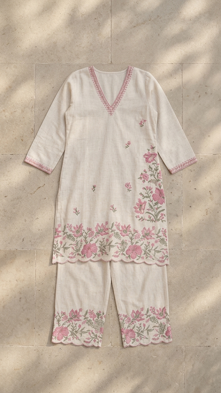 Cream base fabric with pink and green floral embroidery