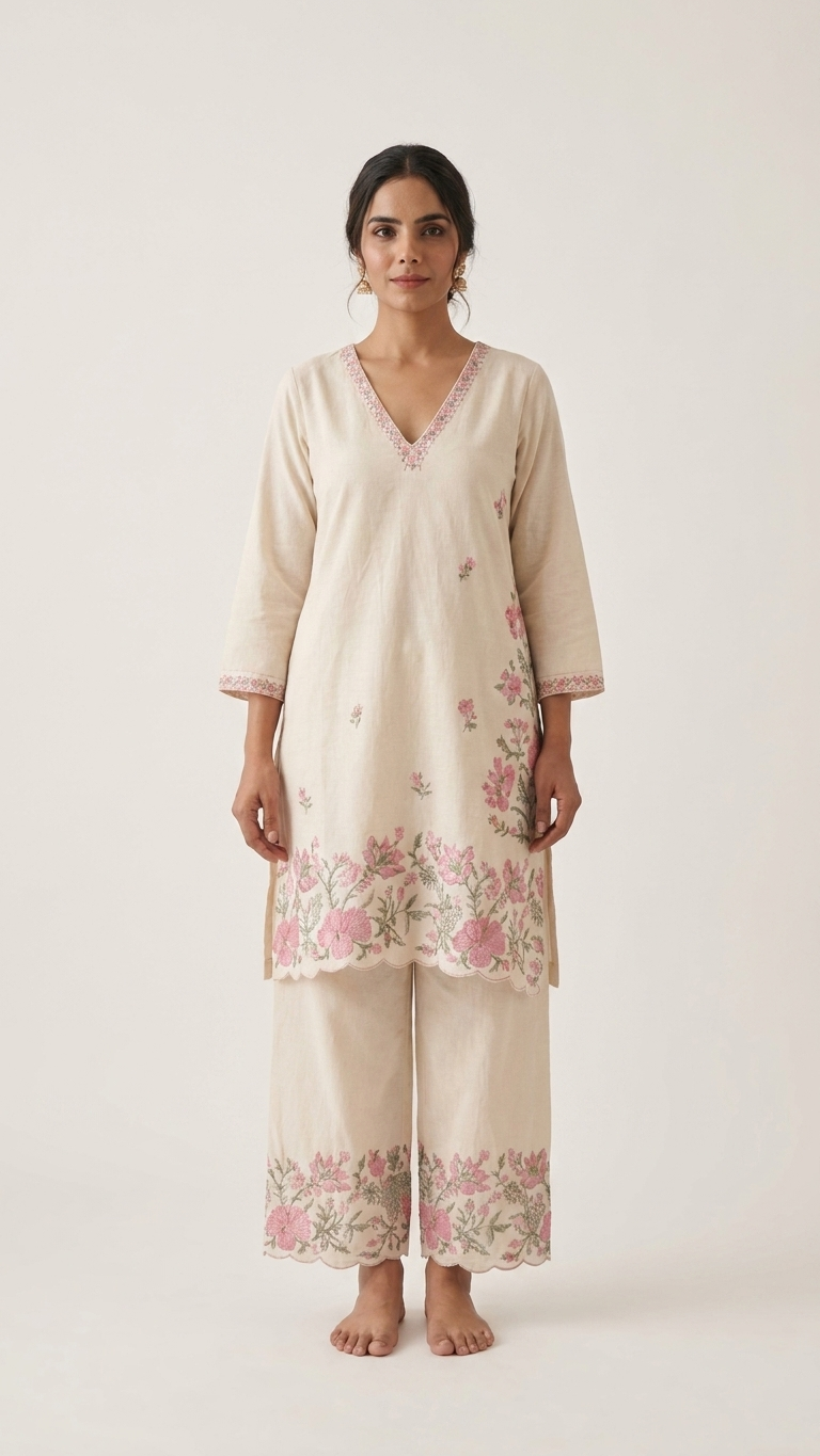 Cream base fabric with pink and green floral embroidery