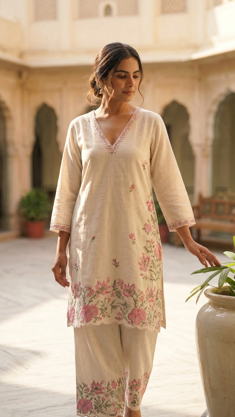 Cream base fabric with pink and green floral embroidery