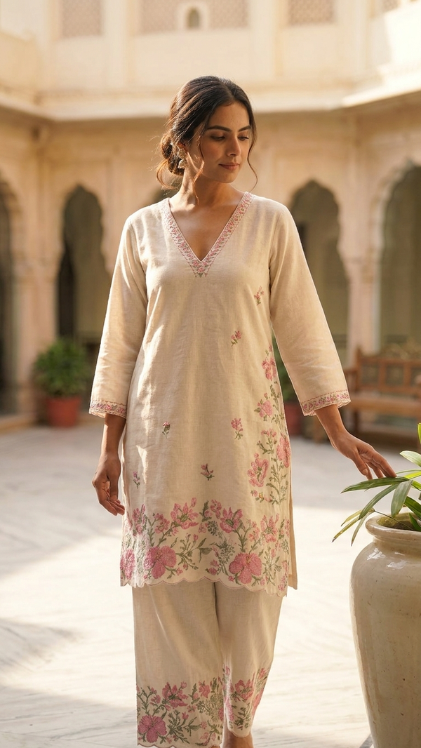Cream base fabric with pink and green floral embroidery