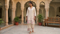 Cream base fabric with pink and green floral embroidery