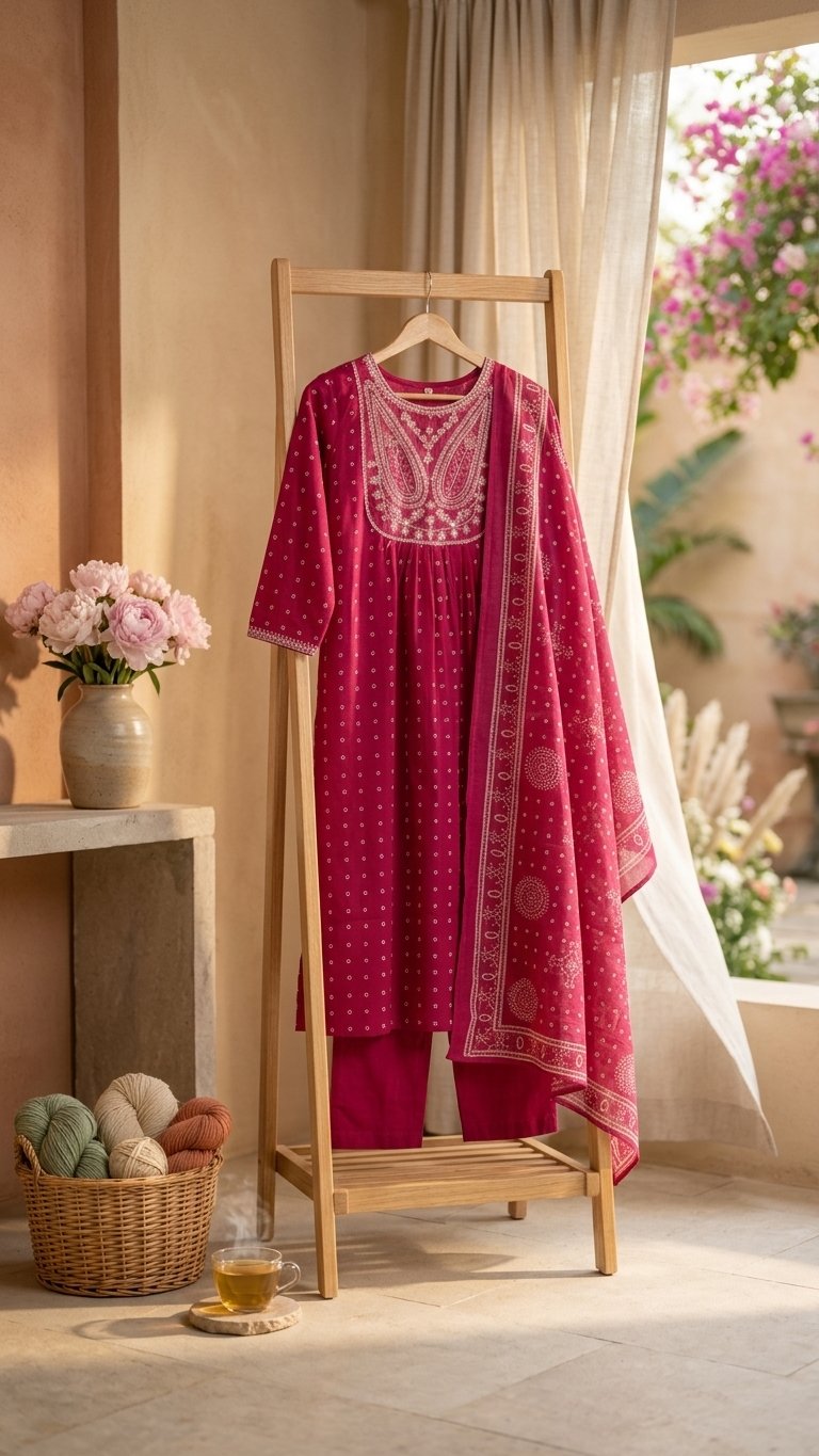 Dark Pink Anarkali embroidery set with dupatta
