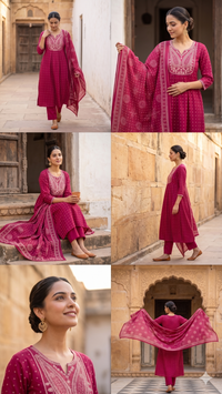 Dark Pink Anarkali embroidery set with dupatta