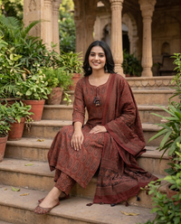 Rustic Maroon Ajrakh Printed 3-Piece Kurta Set