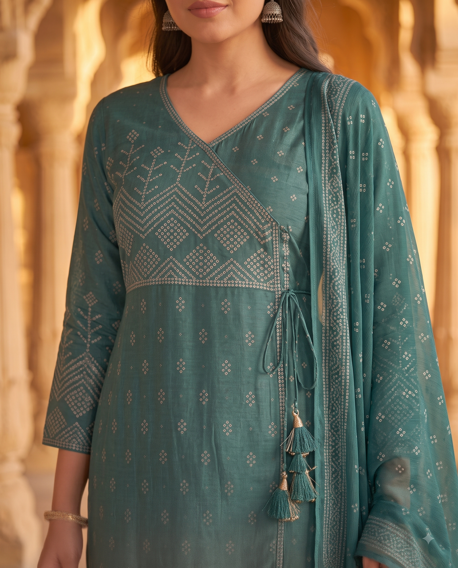 Deep Teal Bandhani Printed Angrakha 3-Piece Kurta Set