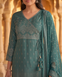 Deep Teal Bandhani Printed Angrakha 3-Piece Kurta Set