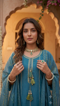 Teal Blue Gota Patti Anarkali 3-Piece Kurta Set