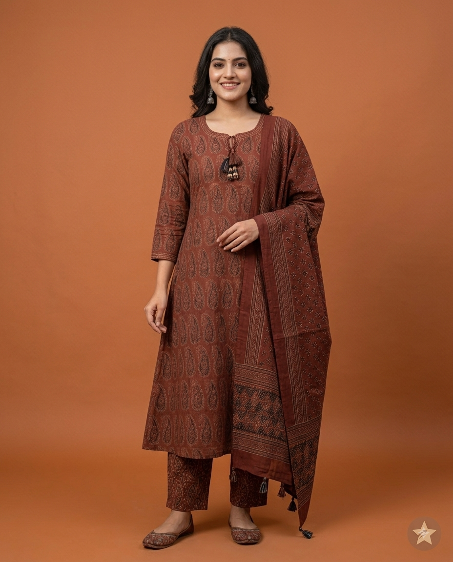 Rustic Maroon Ajrakh Printed 3-Piece Kurta Set