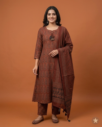 Rustic Maroon Ajrakh Printed 3-Piece Kurta Set