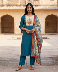 Teal Blue Yoke 3-Piece Kurta Set