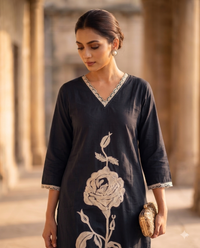 Midnight jet blue Statement Rose Embroidered Kurta Set