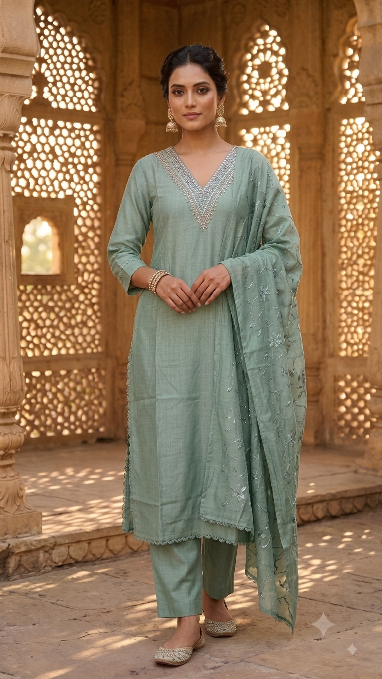 Sea Green Embroidered Silk-Blend 3-Piece Kurta Set