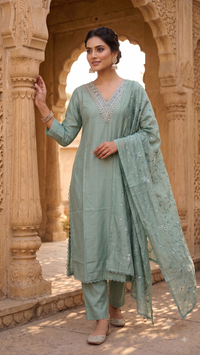Sea Green Embroidered Silk-Blend 3-Piece Kurta Set