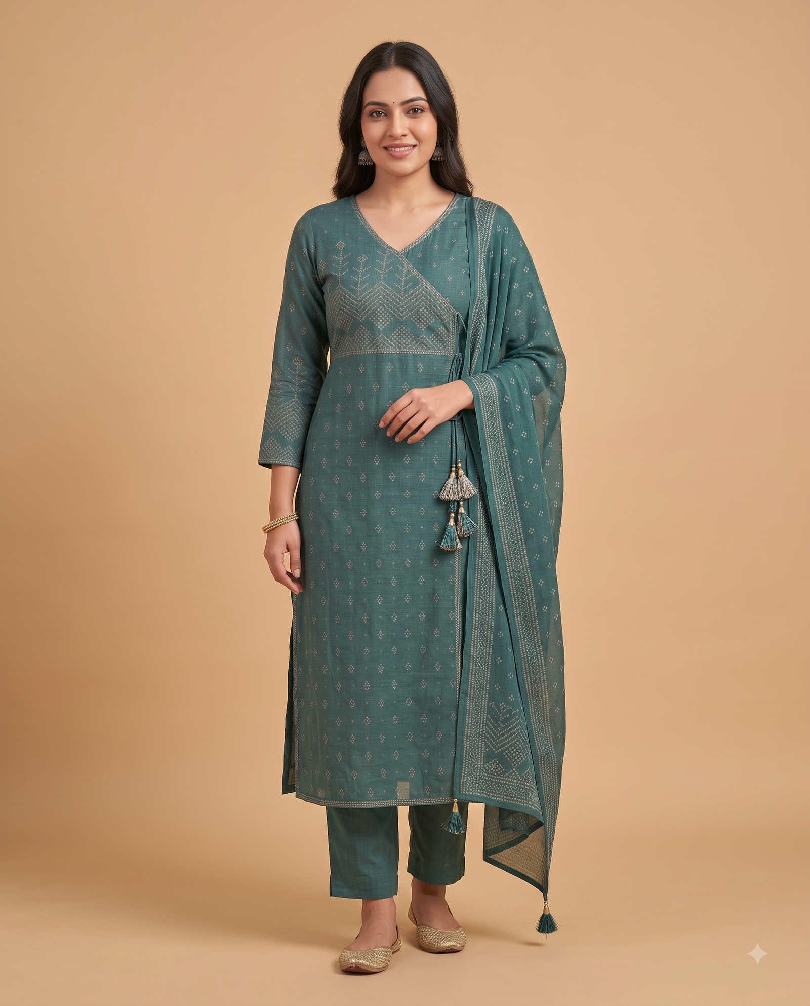 Deep Teal Bandhani Printed Angrakha 3-Piece Kurta Set