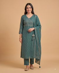 Deep Teal Bandhani Printed Angrakha 3-Piece Kurta Set