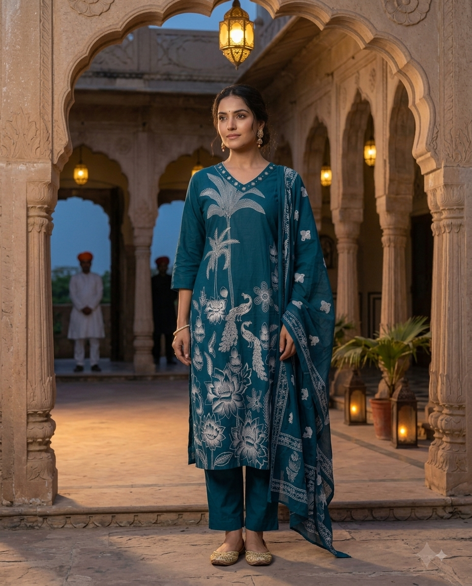 Peacock Blue Bandhani Printed 3-Piece Kurta Set