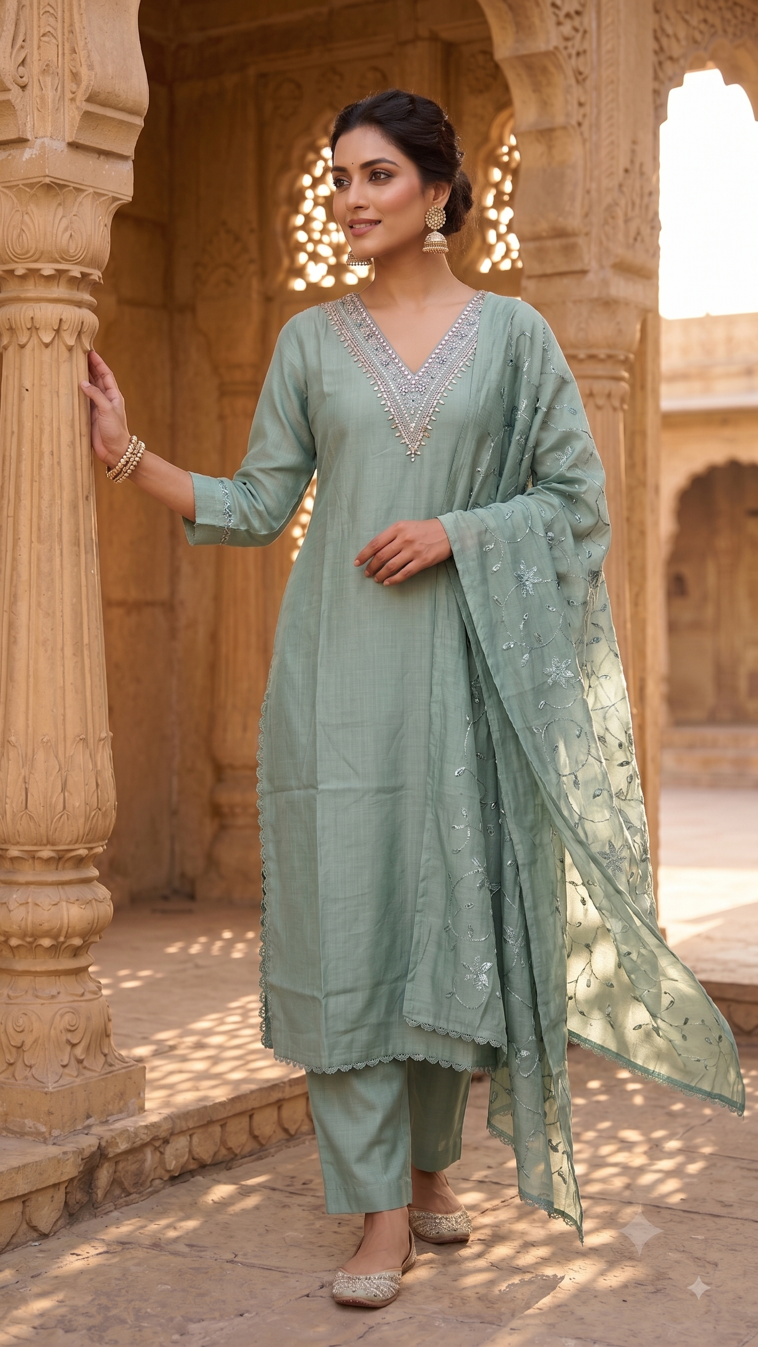 Sea Green Embroidered Silk-Blend 3-Piece Kurta Set