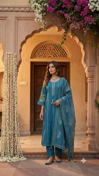 Teal Blue Gota Patti Anarkali 3-Piece Kurta Set