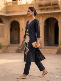 Midnight jet blue Statement Rose Embroidered Kurta Set