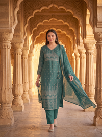 Deep Teal Bandhani Printed Angrakha 3-Piece Kurta Set
