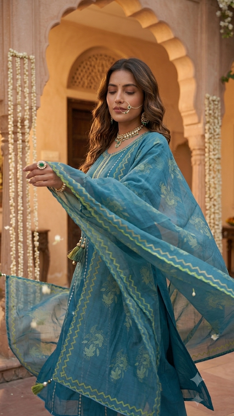 Teal Blue Gota Patti Anarkali 3-Piece Kurta Set