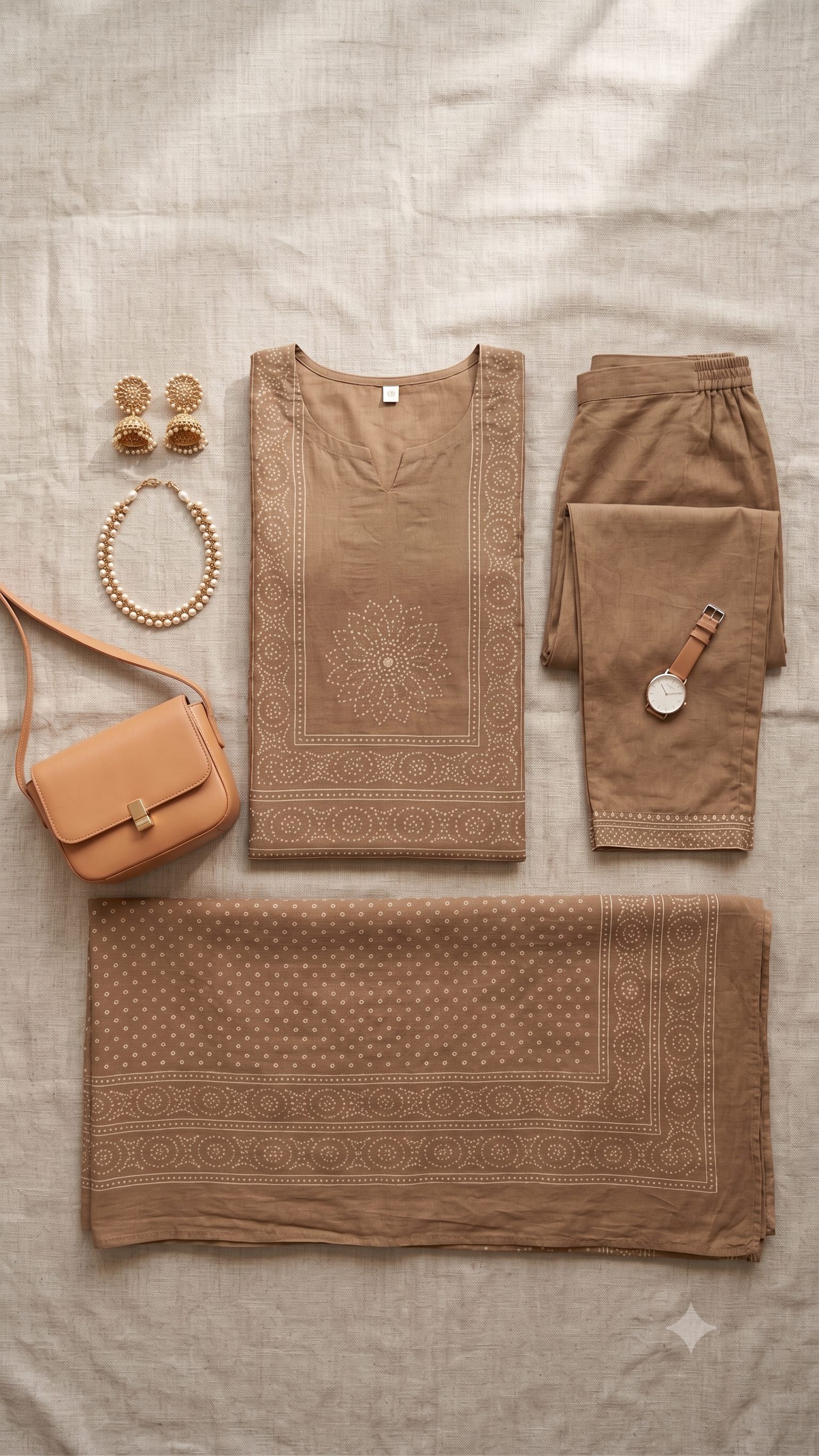 Mocha Brown Bandhani & Mandala Printed 3-Piece Kurta Set