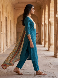 Teal Blue Yoke 3-Piece Kurta Set