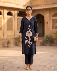 Midnight jet blue Statement Rose Embroidered Kurta Set