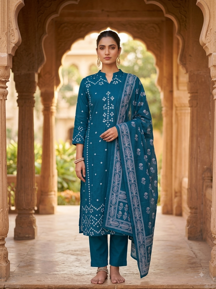 Peacock Blue Bandhani Printed 3-Piece Kurta Set